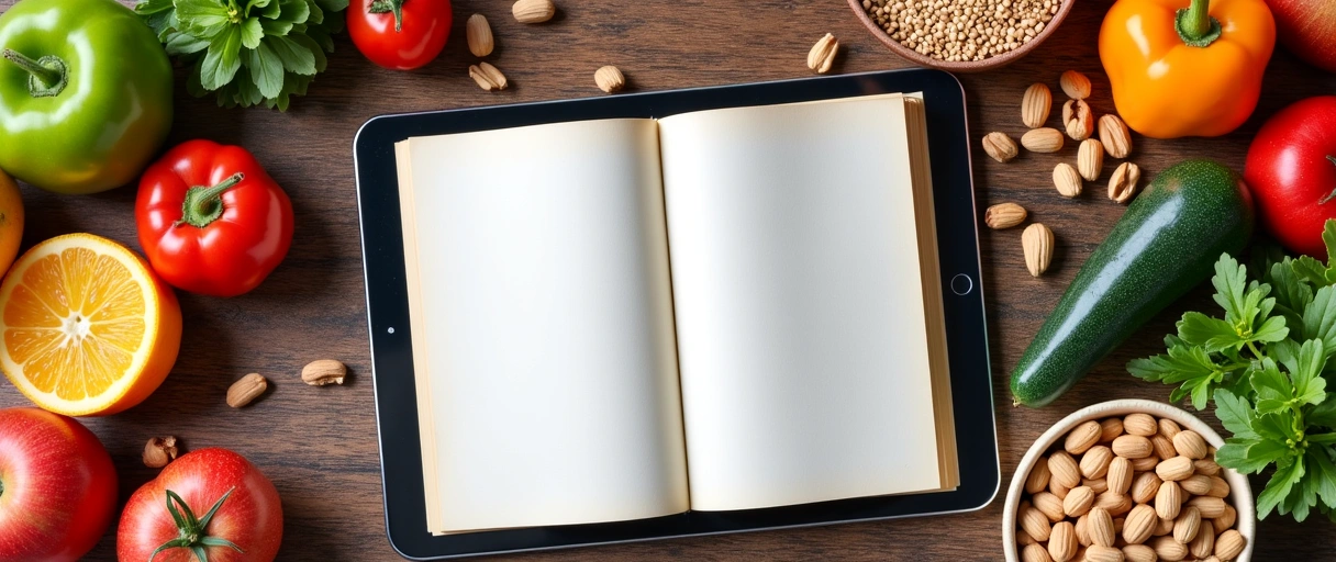 Ανοιχτό βιβλίο ή tablet με υγιεινά τρόφιμα τριγύρω, συμβολίζοντας τη μάθηση και τη γνώση σχετικά με την υγιεινή διατροφή.