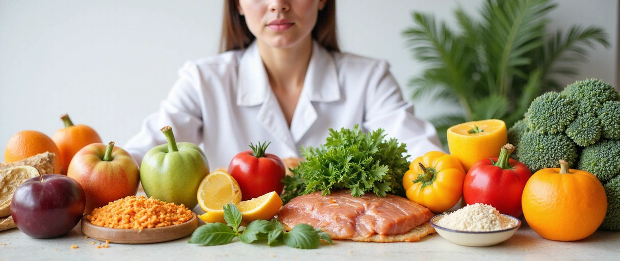 Stylized image of various healthy food groups and a person thoughtfully planning a meal, conveying balance and expert guidance.